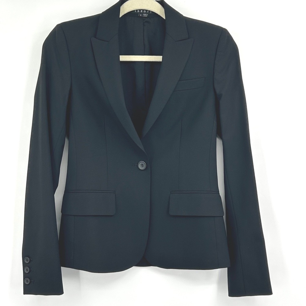 Theory Womens Gabe B Sevona Blazer 0 Black Wool Blend Stretch Corporate Core
